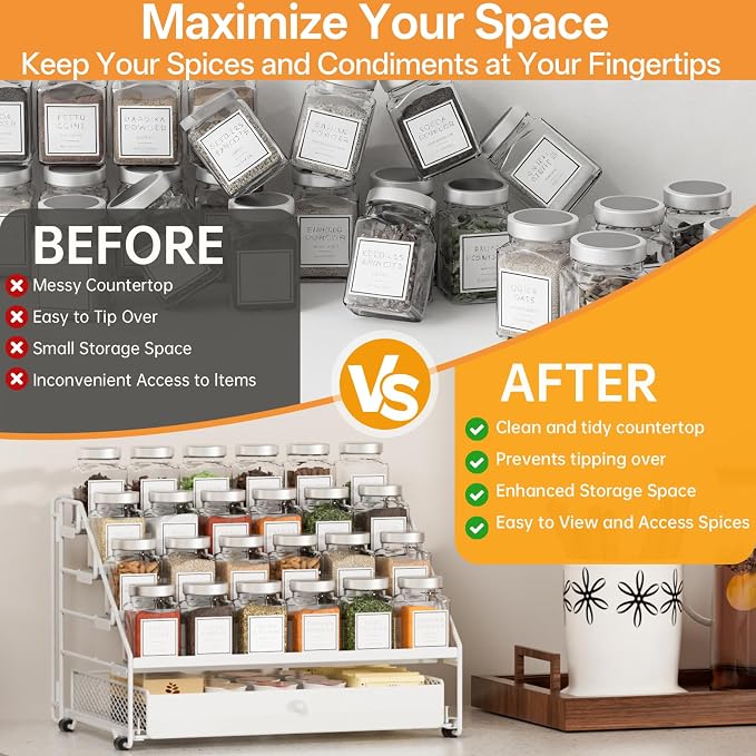 DTUQYX Spice Rack Organizer for Cabinet: 4 Tier Spice Organization with Drawer, Depth Adjustable Metal Shelf for Kitchen Countertop, Cupboard, Pantry, Holds Seasoning and Condiments (White)