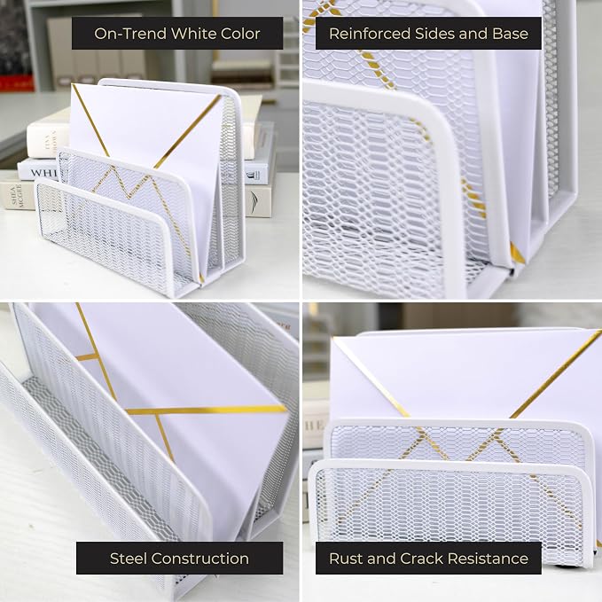 BLU MONACO White Metal Mesh Letter Sorter | 3-Slot Mail Organizer for Desk, Office & Home | Vertical File & Envelope Holder | Modern Mail Sorter for Documents, Bills & Files