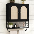 RUSTOWN Rattan Bathroom Wall Cabinet, Boho Over The Toilet Storage Cabinet | Arched Rattan Doors, Modern Medicine Cabinet, Adjustable Shelves, Towel Bar, Black