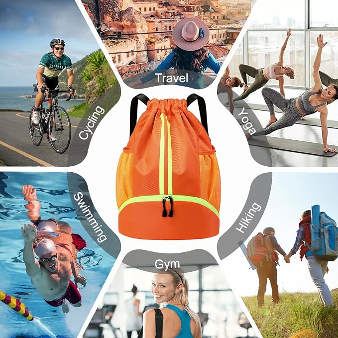 Hoedia Sports Drawstring Backpack - String Swim Gym Bag with Shoes Compartment and Wet Proof Pocket for Women&Men