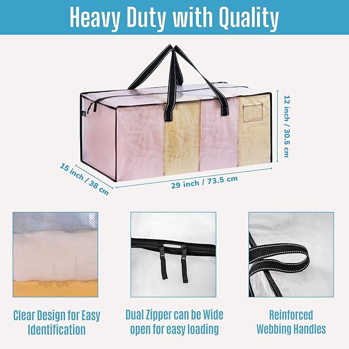 VENO 6 Pack Heavy Duty Moving Bags, Christmas Storage Bins with Lids, Clear Design, Alternative to Moving Boxes, Storage Bags for Clothes, Blankets, Comforters, Pillows, Camping (Clear, 6 Pack)