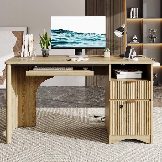 Bestier 55" Desk with Fingerprint Lock & Charging, Keyboard Tray, Oak | Partitioned Storage & Cable Management,Oak,Easy Assembly,Fingerprint Drawer Lock,Wear-Resistant Easy-Clean Desktop & Drawers