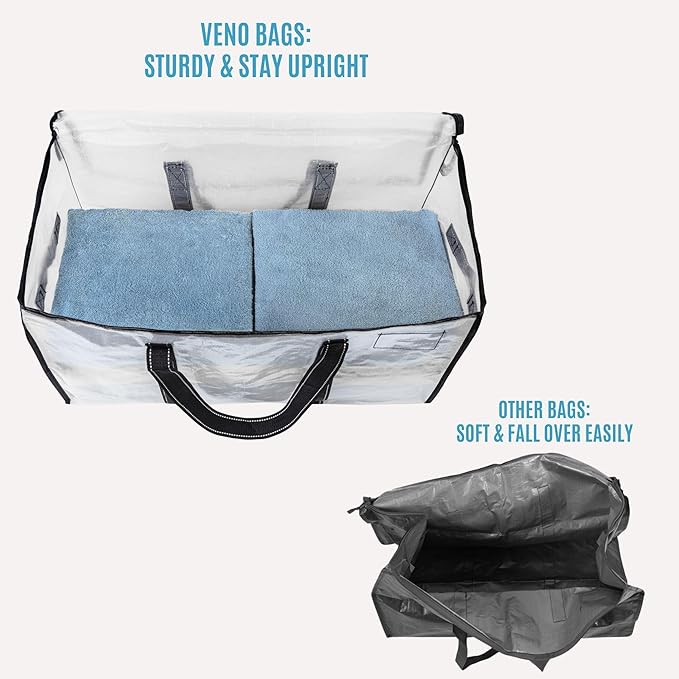 VENO 10 Pack Clear Storage Moving Bags, Heavy Duty Storage Bins with Lid, Around Handles, Tag, Zippers, Extra Large Totes Packing Moving Boxes Supplies for College Dorm Clothes (Transparent)
