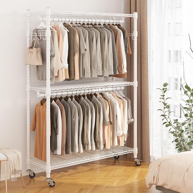 BATHWA Clothes Racks for Hanging Clothes, 25 mm tube Heavy Duty 47.3" W x 17.7" D x 80.7" H Large Wardrobe Rack with Shelves & Wheels Rolling Metal Commercial Multifuctional, White