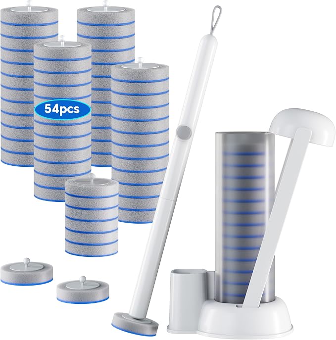 Spreezy Disposable Toilet Brush and Holder Set, Touch Free Wand, 54 Refills | Soft Spong Heads, Hands-free Eject Design, Hygienic Disposable Cleaning System, Bathroom Dorm RV Use, Floor Standing Caddy