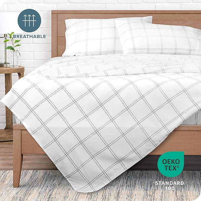 Bare Home Full Sheet Set - Luxury 1800 Ultra- Soft Double Brushed Microfiber - Deep Pockets - Easy Fit - 4 Piece Bedding Sheet Set (Full, Modern Plaid - White/Grey)