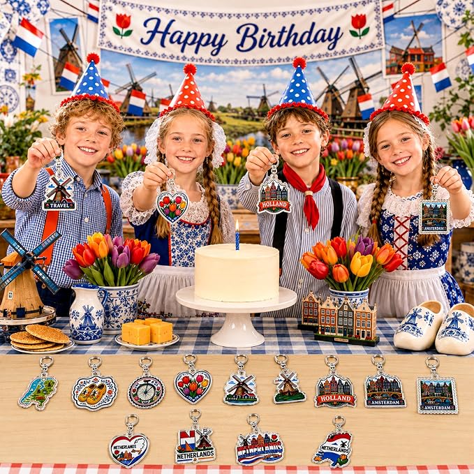 12Pcs Netherlands Keychain Souvenir Set Acrylic Holland Amsterdam Travel Key Ring Charms with Dutch Windmill Tulip Wooden Shoes Design Aesthetic Bag Pendant Party Favors Gift for Backpack Key Decor