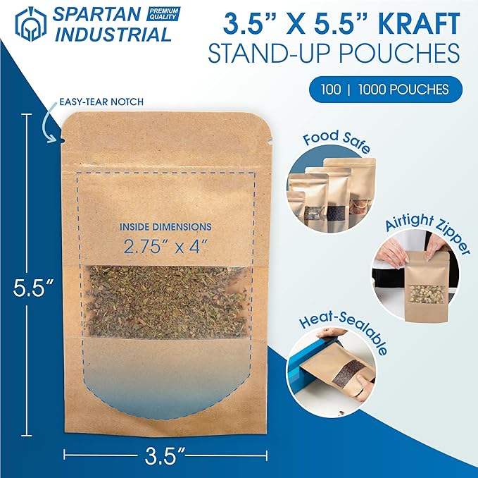 Spartan Industrial - 3.5" X 5.5" Kraft Resealable Stand-Up Pouches - Pack of 1000 Small Storage Bags for Smell-Proof Food Storage and Packaging, Pet Treats, Cosmetics, and More