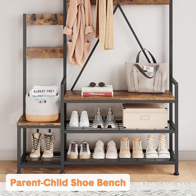 Coat Rack Hall Tree with Shoe Bench and Storage, Large Entryway Organizer with Hooks, Hanging Bar, Shoe Rack, Storage Cubbies, Shelf, Mudroom Bench, Rustic Hallway Furniture for Living Room Bedroom