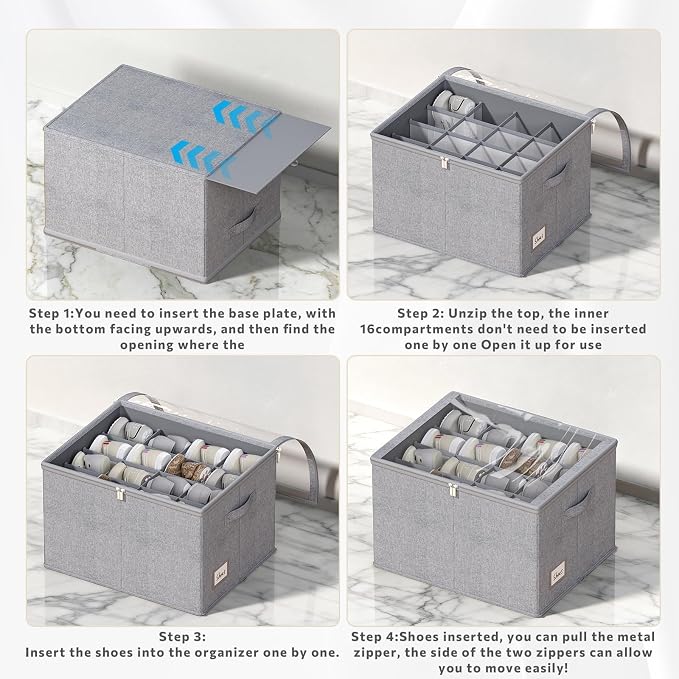 Shoe Organizer for Closet, 2 Pack Foldable Shoe Storage Box with Clear Cover and Adjustable Dividers, Stackable Storage Bins for Boots, Fits up to 32 Pairs (Grey, 19.7 × 15.7 × 12.6 in)
