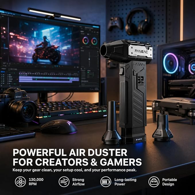 Electric Air Duster with 2 Swappable Battey Pack | 150,0000 RPM BLDC 150 mph Air flow, 3-Speed Compressed Air Duster for Dust/Snow Cleaning - 2-yr Warranty