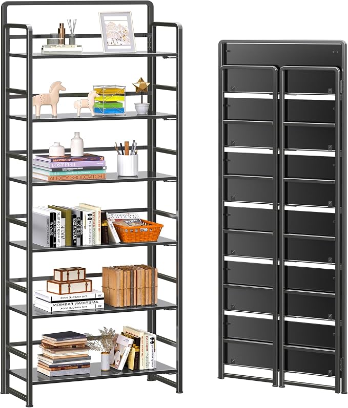 4NM No Assembly 6 Tiers Folding Bookshelf Storage Shelves Vintage Bookcase Standing Racks Study Organizer Home Office (All Black)