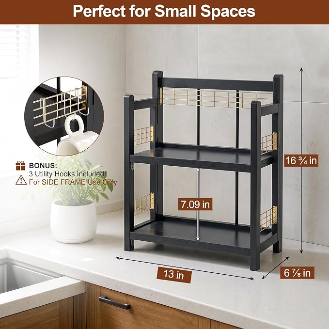 No-Assembly Coffee Bar Organizer, 2-Tier Coffee Station Shelf | Foldable Oak Wood Shelf, Coffee Station Accessories Storage for Syrup & Pods, 3 Hooks for Mugs, Kitchen Spice Rack, Black