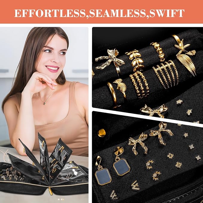 Travel Jewelry Organizer for Women, Jewelry Organizers and Storage with Detachable Zipper Pouches, Tangle-Free Jewelry Travel Case for Necklaces, Earrings, Rings & Bracelets, Black