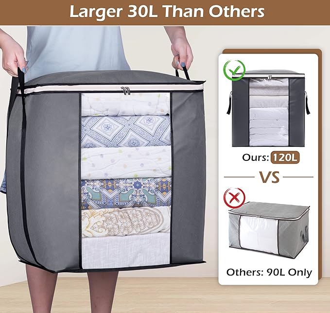 SLEEPING LAMB 120L Oversized Blanket Storage Bags Sturdy Fabric Clothes Storage Containers for King Comforter Bedding Pillow Sheet, Grey, 3 Packs