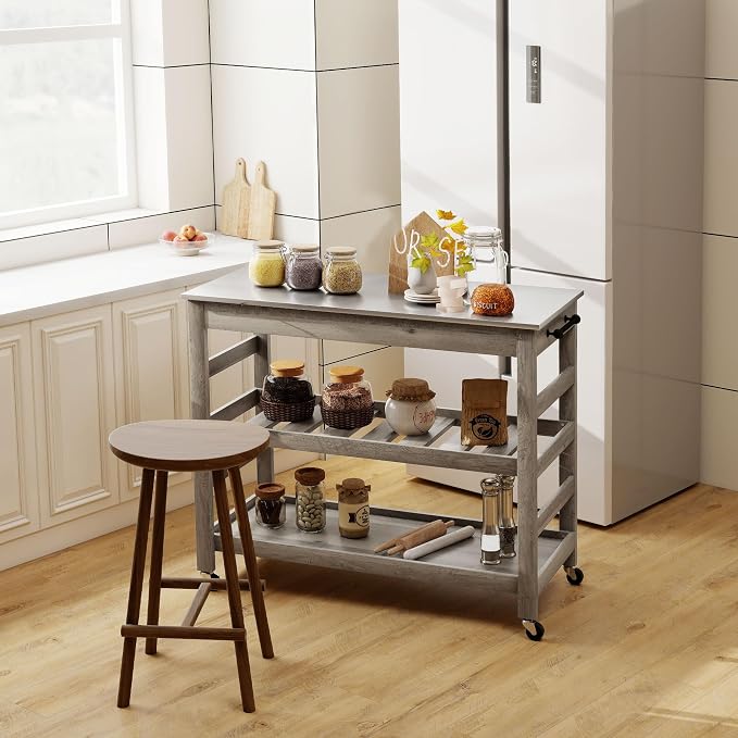 HOMCOM Rolling Kitchen Cart with Stainless Steel Countertop, Grey | Kitchen Butcher Block Cart, 1 Bottom Shelf, 1 Slotted Middle Shelf, 4 Castor Wheels