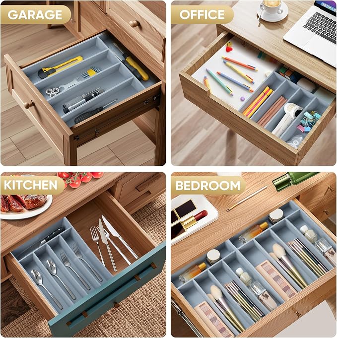 Silverware Organizer, 10 Inch Utensil Organizer Kitchen Drawer Organizer Bamboo Silverware Holder Cutlery Tray Organizer in Drawer Flatware Organizer Tray(5 slots, Gray
