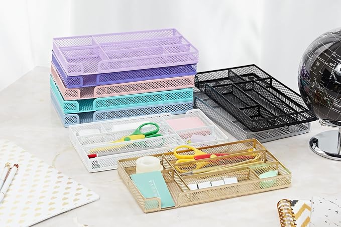 Annova Desk Drawer Organizer Tray for Office Organization - Metal Mesh - Storage Tray with Dividers for Pens, Desktop Accessories, Bathroom, Kitchen, Makeup and Office Supplies (Small, Light Pink)