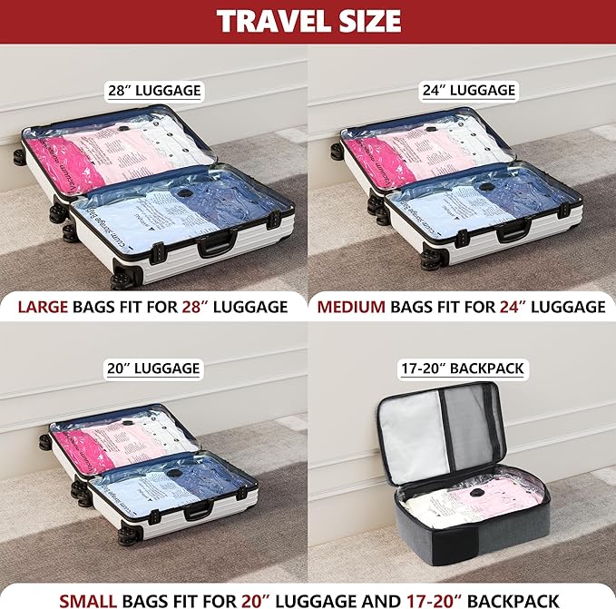 Vacuum Bags for Travel with Rechargeable Pump, 12 Combo (4L/4M/4S) Compression Packing Seal Bags for Luggage Suitcase, Space Saver for Clothing and Clothes Storage Travel
