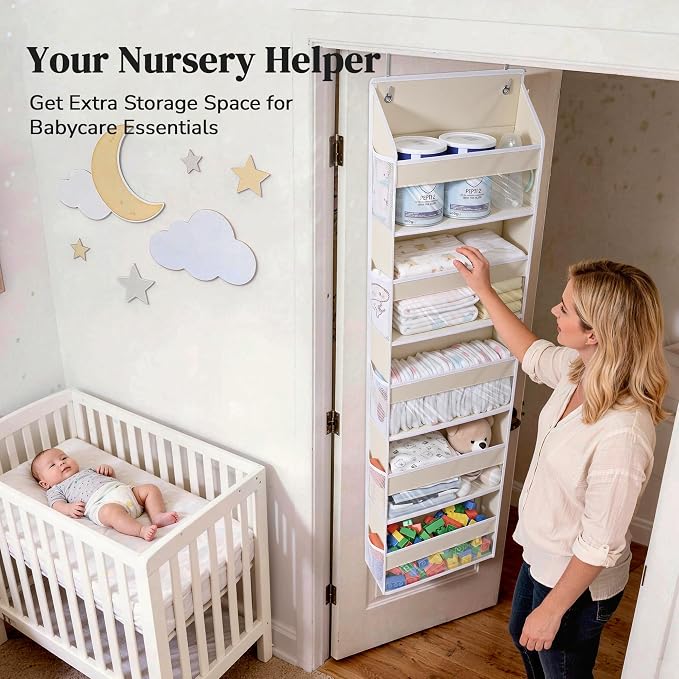 5 Tiers Ultra-Thin Over Door Organizer with 10 Mesh Side Pockets, 44 lbs Weight Capacity Hanging Storage Organizer with Clear Window Kids Toys, Shoes, Diapers, Beige