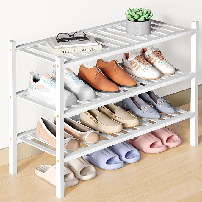 Smiry Bamboo Shoe Rack for Closet, 3 Tier Wooden Shoe Organizer, Stackable Wood Shoe Storage Shelf for Entryway, 14 Vertical Slats, One-piece Heavy-Duty Legs, 26.77"x11.02"x18.31", White