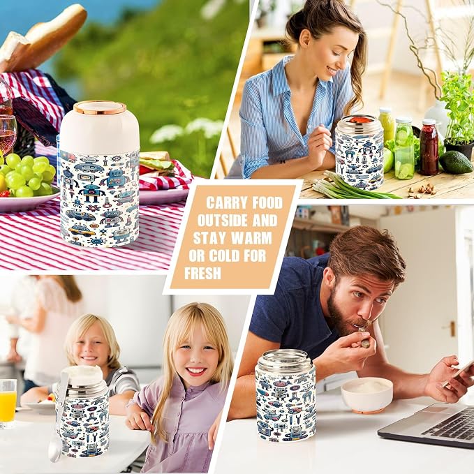 Qilmy Cute Robot Pattern Insulated Food Jar with Spoon, 17oz Stainless Steel Vacuum Lunch Container, Leakproof Hot & Cold Thermo Soup Jar for Kids & Adults