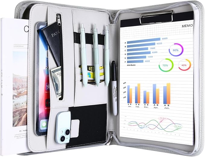 ProCase Portfolio Business Padfolio Folder with Zipper -Grey | Conference Meeting Executive File Legal Document Organizer with Pockets Letter Size A12 Writing Pad Notepad Padfolio