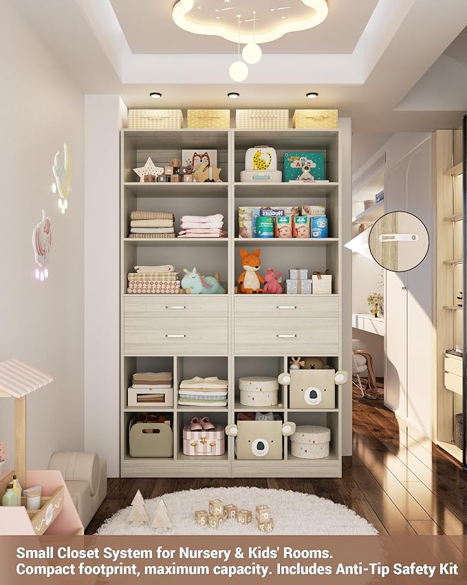 Besiost 18.9" Small Closet System with Drawers, Walk-in Closet Organizer | Small Closet Organizer for Walk in Closet, Bedroom & Nursery, Wardrobe Storage Unit, Greige Oak