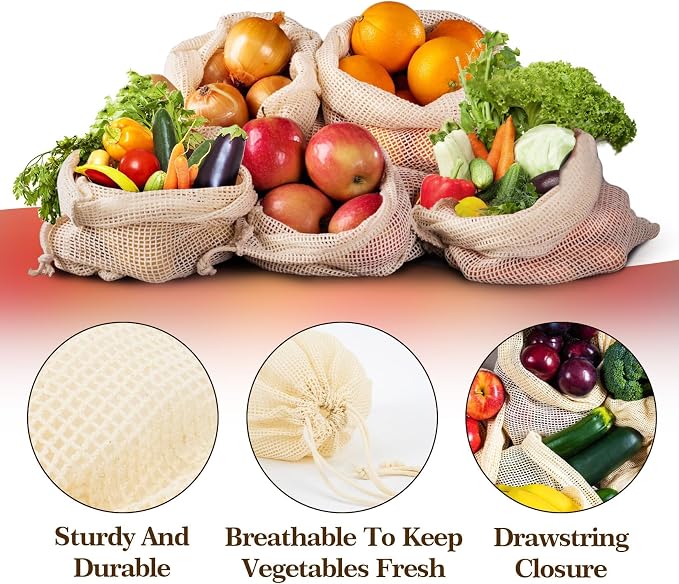 MAQIHAN Reusable Cotton Mesh Produce Bags - 6 Pack Mesh Storage Produce Bag | Durable Double Stitched Bags with Drawstring for Vegetables, Fruit and Grocery Shopping, 2L, 2M and 2S