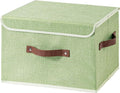 Collapsible Storage Boxes Baskets with Lid Cotton Linen Fabric Storage Bins with Faux Leather Handles Decorative Washable Cube Organizer Container for Home Closet Bedroom (Green, Large Size)