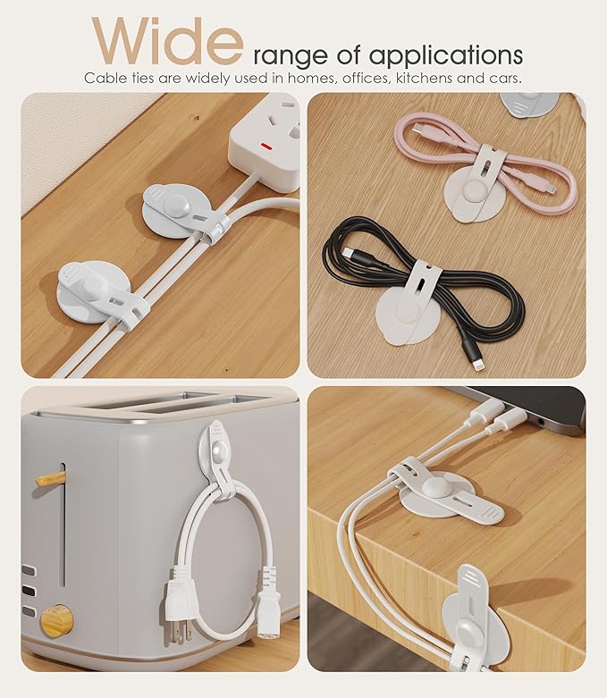 Nearockle Cable Management Under Desk, Adjustable Self-Adhesive Silicone Cable Ties Cord Organizer, Reusable Heavy-Duty Cord Holder Under Table for Office, Home, School (10Pcs-White)