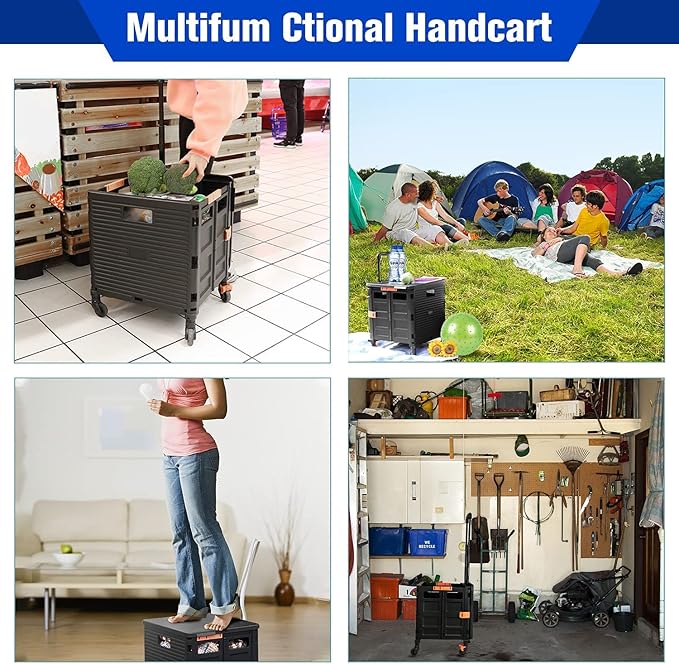 Utility Cart Folding Portable Rolling Crate Handcart with Lid Durable Heavy Duty Plastic Telescoping Handle Collapsible 360 Degree Rotate Wheels for Travel Shopping Moving Luggage Office Use,Black