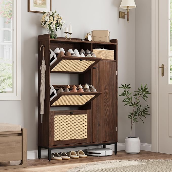 Garvee Shoe Cabinet with 3 Flip Drawers and 4-Tier Shoe Storage Cabinet, Freestanding Shoe Organizer with Adjustable Shelf and Rattan Doors for Entryway, Closet, Hallway