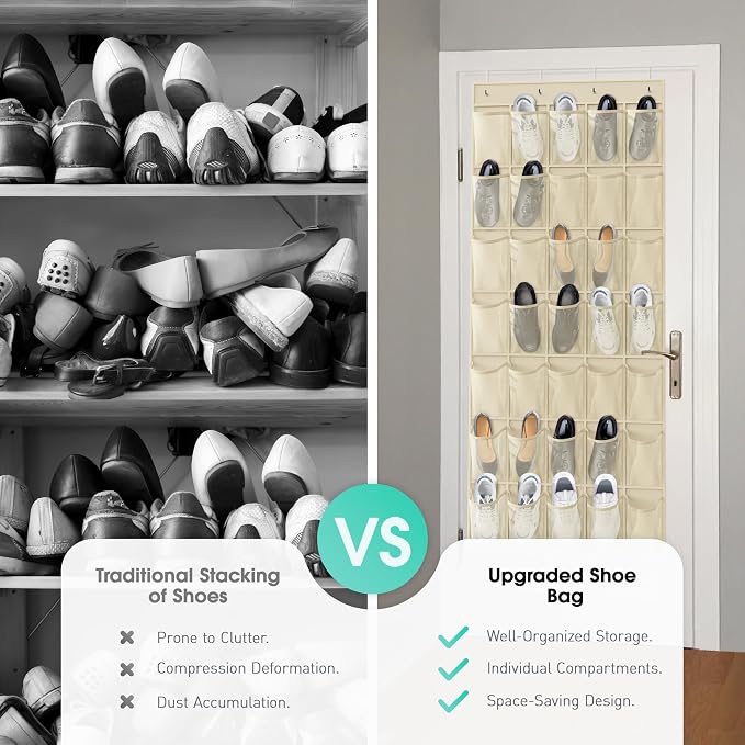 WVM Over the Door Shoe Organizer with 35 Breathable Mesh Pockets, Hanging Shoe Organizer for Door with 4 Metal Hooks, Large Capacity Closet Storage for Shoes, Accessories