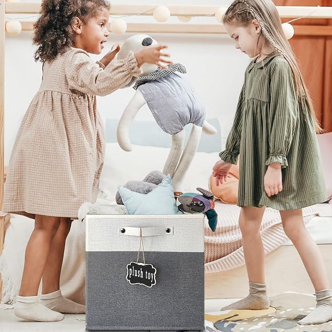 13x15x13 storage cube bins 4 Pack,Collapsible Fabric Storage Cubes with Labels,Linen Cube Storage Organizer Bins with Cotton Handles,Square Storage Cubes for Home,Office,Clothes,Cabinet(White Grey).