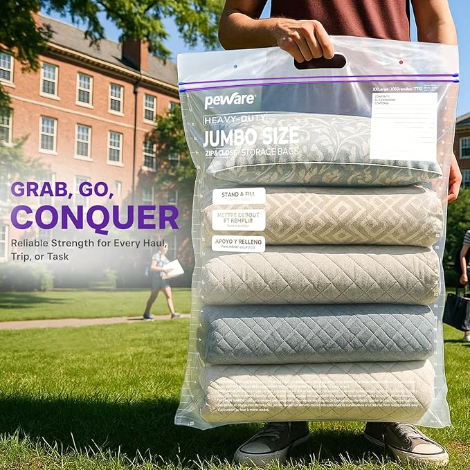 20 Gallon Heavy Duty Jumbo Storage Bags with Handle – 24" x 34" Resealable Zipper Top, Oversized Storage Solution for Clothes, Food, Pillow, Bedding, Household, BPA-Free, Pack of 10, 6 Mil Thick