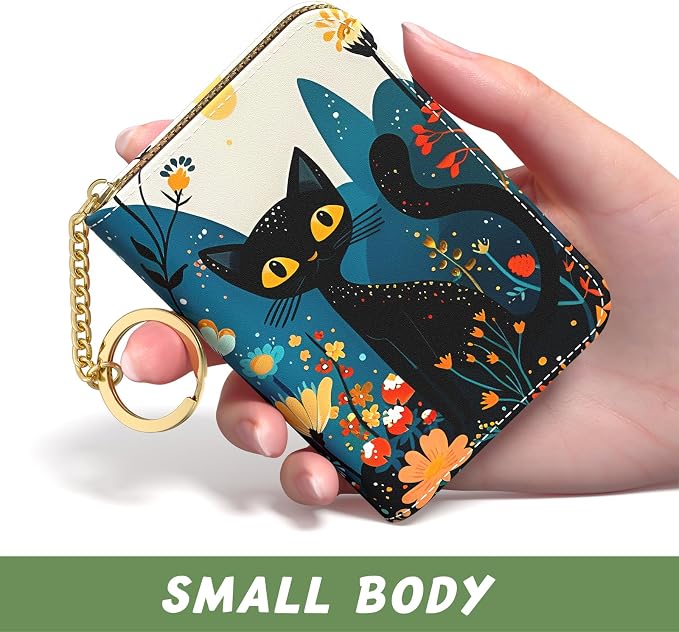 Aiawoxc Credit Card Holder, Small RFID Wallet Slim Leather Card Organizer Case with Zipper and Keychain, Pretty Cat