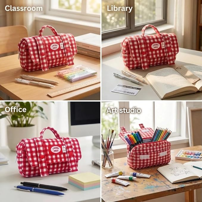 Cute Checkered Pencil Case, Red White Plaid, Large Capacity Gingham Pattern Pen Bag with Handle, Big Stationery Organizer, Multi-Use Storage Pouch, 8.7x1.6x4.7 Inches, Red