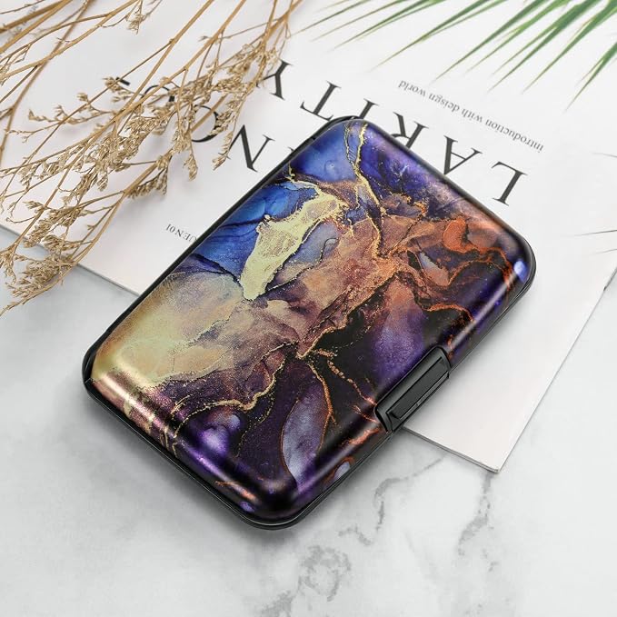 ELFISH Mini RFID Aluminum Wallet Credit Cards Holder Business Card Case Metal ID Case for Men Women（Gold Purple Marble