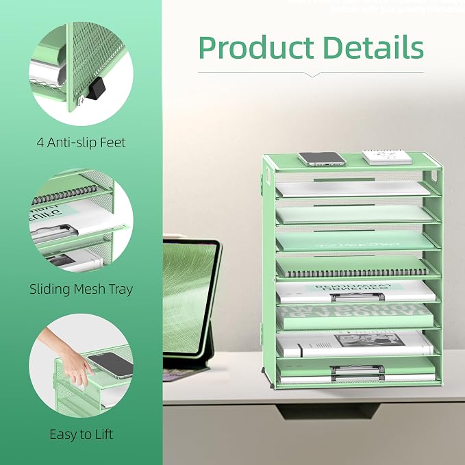 9-Tier Paper Organizer for Desk with Handles, Mint Green, 2 Pack | Desk File Organizer with Removable Trays for Sorting Files, Folders, Mail and Printer Paper at Home, School or Office