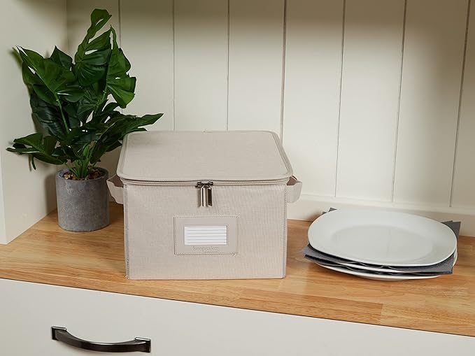Covermates Dish Storage Box Set – China & Dinner Plate Storage Containers with Felt Dividers, Dual Zippers, Reinforced Handles, ID Window & Stackable Design, Beige Heather