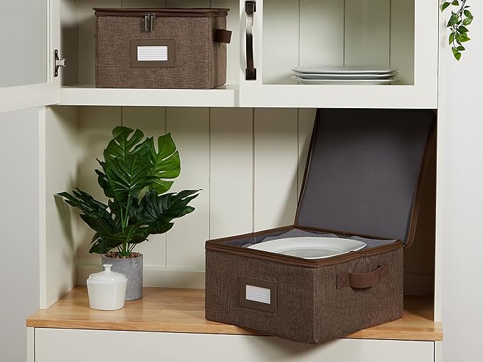 Covermates Dish Storage Box Set – China & Dinner Plate Storage Containers with Felt Dividers, Dual Zippers, Reinforced Handles, ID Window & Stackable Design, Brown Heather