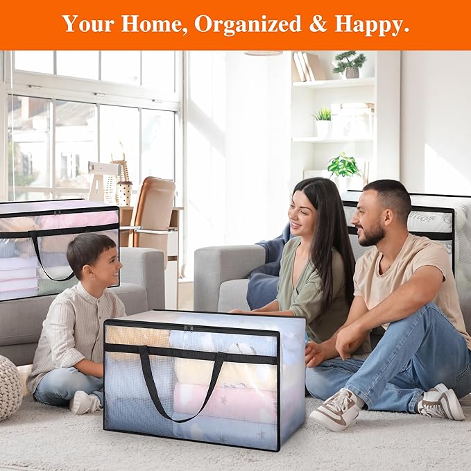 Vieshful 5 Pack 60L Clear Storage Bags with Zipper and Handles, Tear-Resistant Foldable Plastic Storage and Organizers for Clothes, Bedding, Duvets, Toys, for Closet & Moving