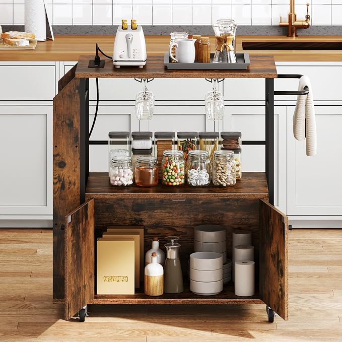 YITAHOME Kitchen Island Cart with Power Outlet, 36 Inch Mobile Kitchen Cart with Open Shelves, Rolling Portable Serving Utility Carts on Wheels with Storage for Kitchen, Dining Room, Brown