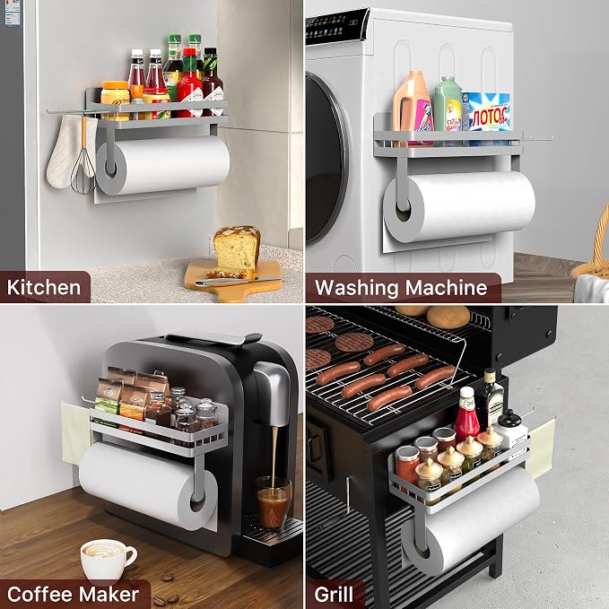 ZUNTO Strong Magnetic Paper Towel Holder for Fridge, Multifunctional Spice Rack Organizer with 2 Detachable Hooks, No Drilling Kitchen Storage for RV & Bathroom, Light Gray