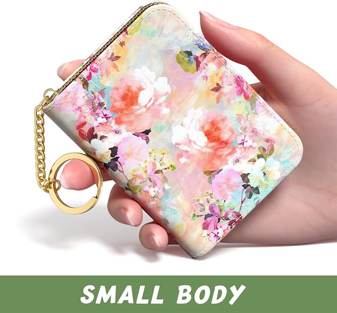 Aiawoxc Credit Card Holder for Women, Small RFID Wallet Slim Leather Card Organizer Case with Zipper Keychain, Watercolor Flower