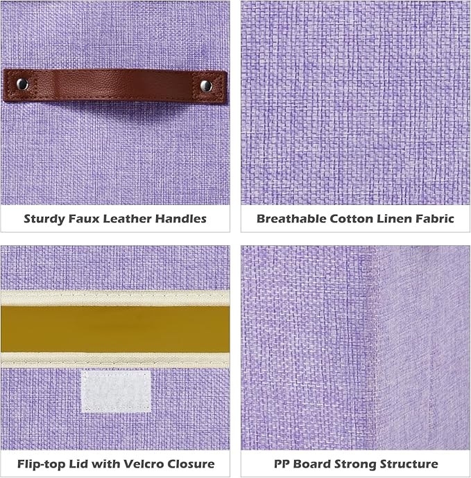 2PCS Storage Boxes with Lid Cotton Linen Fabric Storage Bins Organizer Container Decorative Collapsible Washable Shelf Closet Baskets Faux Leather Handles Home Bedroom (Purple, Small)