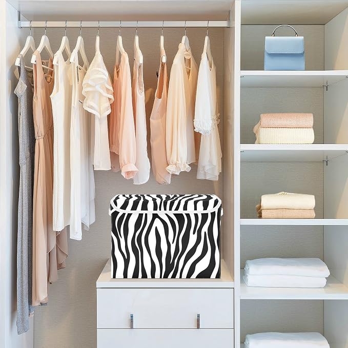 CaTaKu Large Fabric Storage Bins With Lids, Black White Zebra Print Storage Boxes With Handles for Organizing Clothes, Collapsible Storage Cube Bins Baskets for Shelves