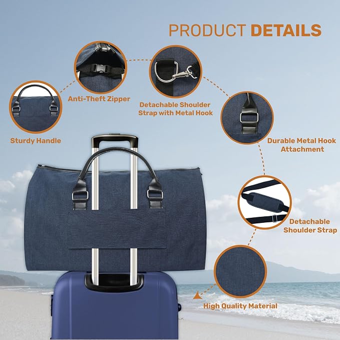 Convertible Garment Duffel Bag for Travel, Large Carry On Weekender Bag with Hanging Clothes Feature, Overnight Travel Duffle Bag for Women with Shoe Compartment (Navy Blue)