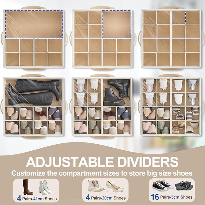 Large Shoe Organizer for Closet, 16 Pairs Shoe Storage Box with 360° Wheels & Reinforced Handles, Adjustable Dividers, Clear Cover, Side Pocket, Foldable Oxford Fabric Bin for Entryway, Beige